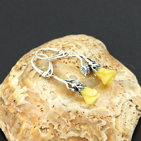 Sterling silver earrings with natural Baltic amber, amber rose drop earrings - Picture 6 of 14